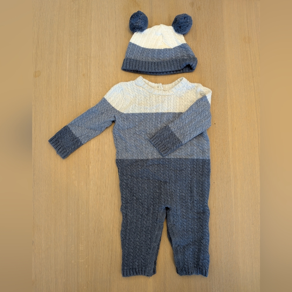 Max Studio Blue and Cream Baby Knit Set with Matching Pompom Hat